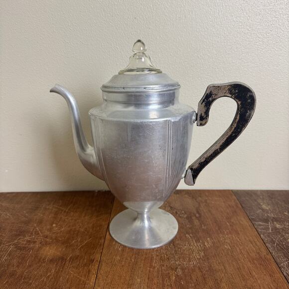 Art Deco Aluminum Pedestal Percolator Glass knob and wood handle - Picture 6 of 16